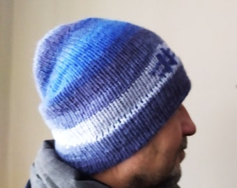 Blue Gray Hand Knit Hat for Men, Winter Men's Hat, Gradient men hat, Gift for Husband, Fisherman beanie hat with brim, Trawler beanie hat