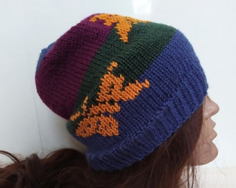 Embroidered Colorful Vegan Beanie Hat, Trawler Sport Ski hat,  Butterflies Beanie Hat with Brim, vegan hat, Slouchy Women Soft Vegan Hat