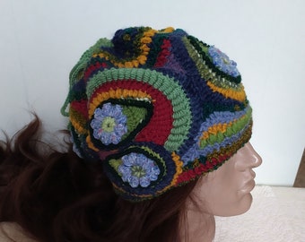 Boho Flower Beanie. Crochet multicolor Women Beanie, Winter Knit Hat Melange: yellow, blue,green. Fantasy Beanie Hat, Ponytail Beanie Hat