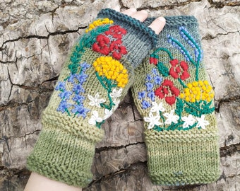 Embroidered fingerless Mittens, Fingerless embroidered flower Gloves, Women Muff, Driving Gloves, Hand Arm Warmers, Winter  flower Mittens