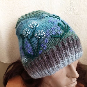 Hand-Knitted embroidered  flower Women Hat, Multicolor  Gradient hat: grey blue.  Winter Knitted Wool Melange Beanie