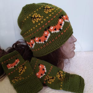 Fox Hat, Leg Warmers & Mittens, Gloves Beanie with foxes and leaves, Embroidered Set, Knitted Arm Warmers, Hand Warmers