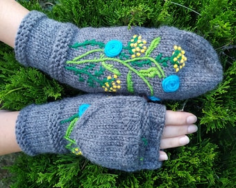 Convertible Flip Over Mitten, Gray Fingerless Embroidered Glove, Mittens for Women & Girls with Floral Embroidery, Hand Warmers, Arm Warmers
