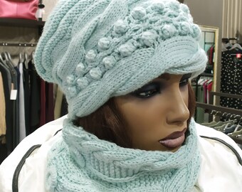 Turquoise Knit 3 Items Set: Women Hat, Neckwarmer, Mittens  display picture 1