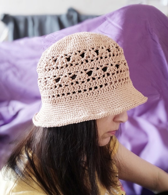 Crochet Cotton Hat for Woman Girl Cotton Summer Hat Beige Brim Cloche Hat Woman Cloche Hat Summer Panama Etsy UK
