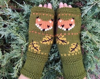 Fox Hat & Mittens, Slouchy Beanie with foxes and leaves, Knitted Jacquard Hat Gloves, Fall/Winter wool Set, Leg Warmers