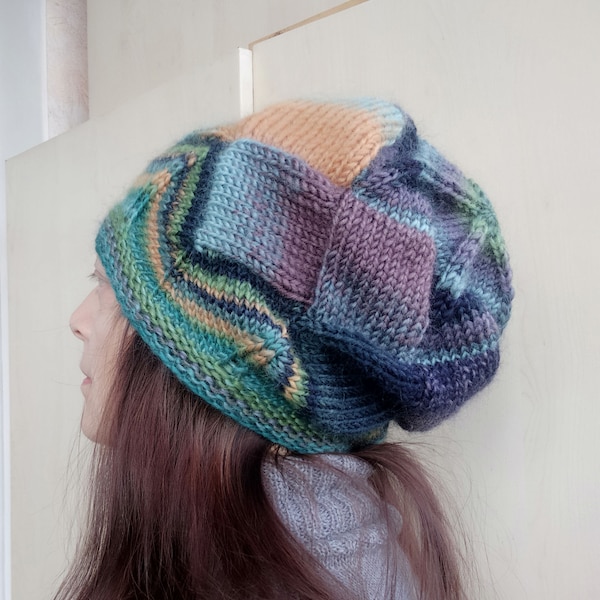 Gradient Patchwork Hat, Slouchy Hat, Hand-knitted Women Multicolor Beanie, Winter Wool Knit MelangeBeanie,  2 color options.
