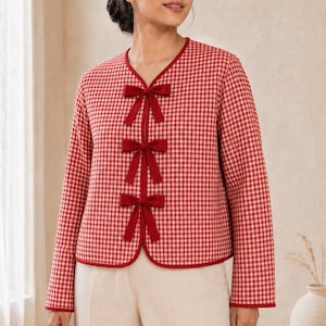 Women's Quilted Cotton Jacket, Handmade Gingham Bow Jacket, Lightweight Quilted Cardigan, Casual Spring Coat, Gift For Her