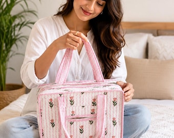 Quilted Floral Travel Bag, Block Print Cotton Duffle Bag, Pink Overnight Bag, Women Weekender Carryall, Handmade Boho Luggage Bag