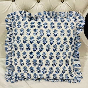Block Print Boho Cushion Cover With Frill Handmade Cotton Bed Throw Pillows, bohemian pillow cushion cover vintage home decor frill cushion
