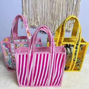 Floral Block Printed Cotton Tote Bag: Handmade Quilted Market Bag