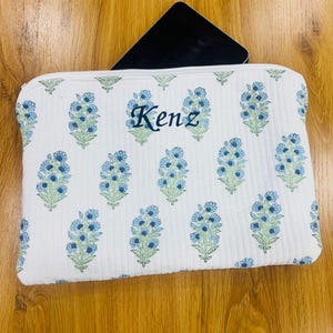 Block Printed Cotton Quilted Laptop Sleeve – Floral Monogram Travel Office Case