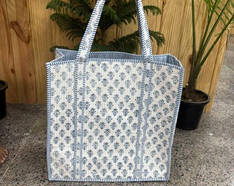 Borsa tote trapuntata in cotone stampato a blocchi indiano - Borsa shopper fatta a mano per shopping e mercato, borsa da spiaggia da donna, regalo per lei, borsa da bordo piscina