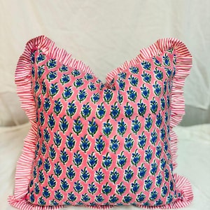 Handblok katoenen bloemenkussenhoes, boho-kussen met franje, boerderijaccent