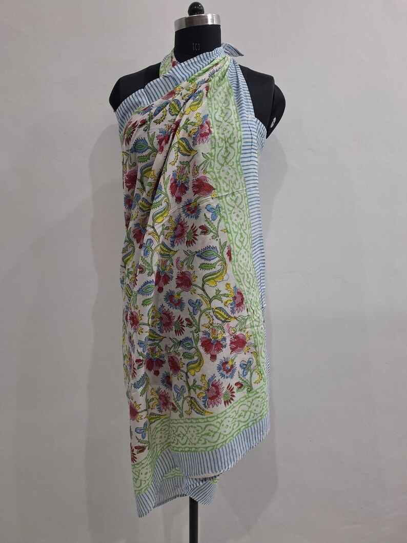 100% Cotton Hand Block Print Sarong: Bohemian Beach Cover-up, Lightweight Pareo, Resort Wear pattern 17