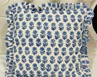 Hand Block Print Floral Cotton Cushion Cover: Ruffled Pillow Cover, Living Room Decor
