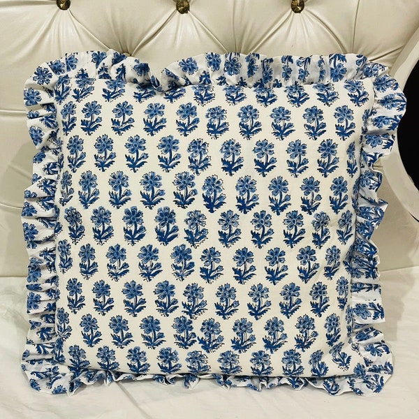 Frill Floral Cushion Cover in Hand Block Print Cotton Square / Rectangular striped ruffle Bohemian Pillow Covers Boho Trim Pillows Cushion