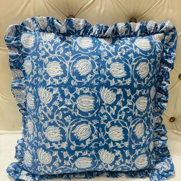 Blockprint Raffle Pillowcase Bohemian decor Indian Cotton Frill throw Pillows Vintage Handmade Rectangular Frill Cushion Cover India Pillows