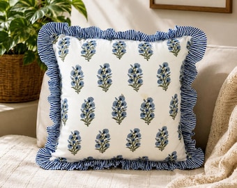 Hand Block Printed Indian Cotton Frill Cushion Cover, Floral Bohemian Pillow Sham