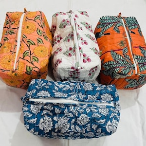 Vintage Indian block Print Large Toiletry Bag, Colorful Make Up Bag Quilted Fabric Cosmetic Bag Toiletry Travel Pouch