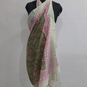 Hand Block Print Cotton Sarong | White Floral Beach Cover-up, Yellow Border pattern 12