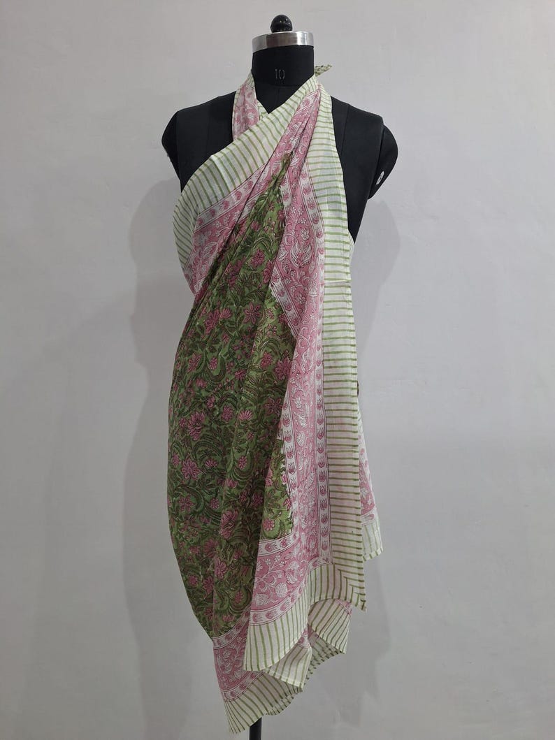 Hand Block Print Cotton Sarong | White Floral Beach Cover-up, Yellow Border pattern 12