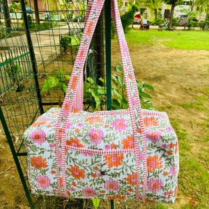 Block Print Cotton Quilted Duffel Bag: Handmade Floral Weekender