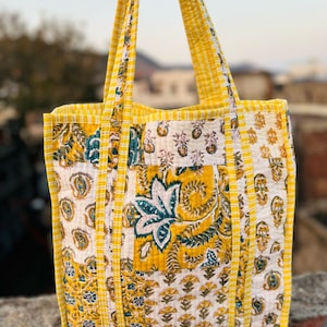 block printed large cotton quilted women tote bags, vintage floral shopping bags, gift for her, ladies handbags beach bag anniversary gifts