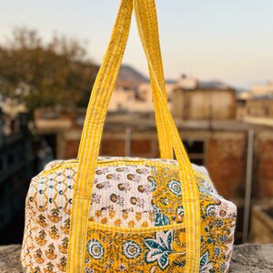 Women's Large Cotton Duffel Bag Handmade Quilted Weekender Bag Floral overnight bag large Toiletry Bag Travel Bag, Gift for Girls yellow patch