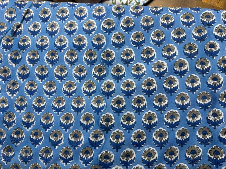 Pu&ograve; includere: Un tessuto blu con un motivo floreale ripetuto. I fiori sono grigi e bianchi con steli e foglie blu. Lo sfondo &egrave; azzurro. Questo tessuto &egrave; adatto per il patchwork, il cucito o altri progetti artigianali.
