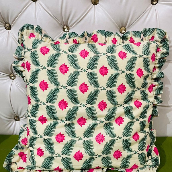 Block printed Raffle Boho Pillow covers | 100% Cotton Bohemian Cushion| Handmade Floral Print Throw Pillows| New Home Gifts |Indian Cushions