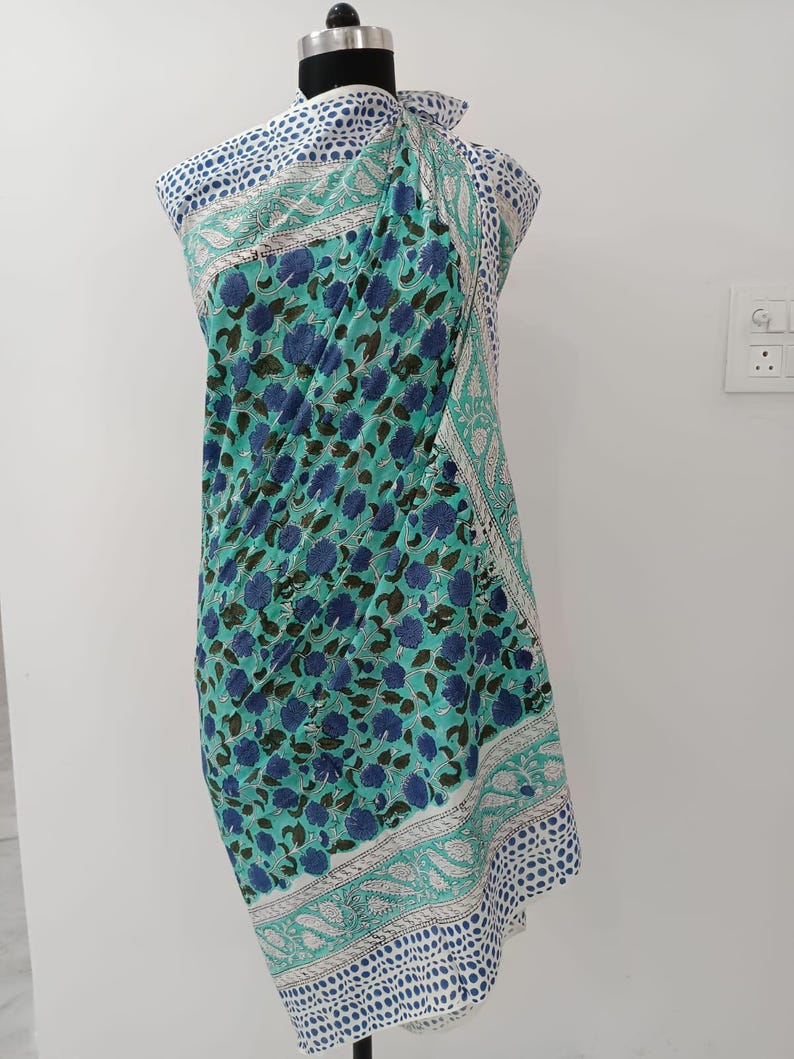 Hand Block Print Cotton Sarong | White Floral Beach Cover-up, Yellow Border pattern 7