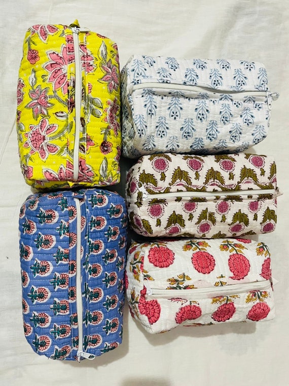 Vintage Floral Makeup Bag, Boho Quilted Cotton Cosmetic Bag, Block