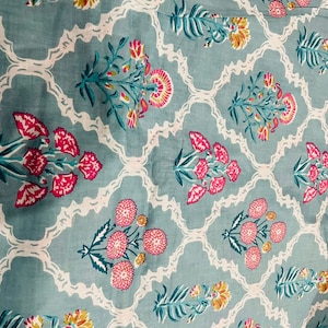 Teal Pink Flower Indian block printed soft voile cotton fabrics Cotton Quilting Fabric,Designer Fabric,Floral Fabric, Apparel Fabric