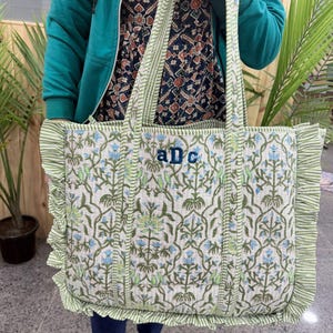 Handmade Floral Quilted Tote Bag – Cotton Kantha Shopper, Ruffle Frill