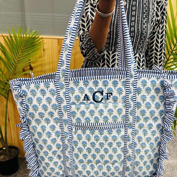Floral Quilted Cotton Tote Bag, Handmade Ruffle Handle Bag, Travel Vacation Carryall