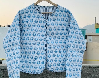 Giacca trapuntata in cotone con stampa a blocchi: cappotto da lavoro Boho Kantha