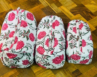 Bolsa de artículos de tocador grande con estampado de bloques indios vintage, bolsa de maquillaje colorida, bolsa de cosméticos de tela acolchada, bolsa de viaje para artículos de tocador