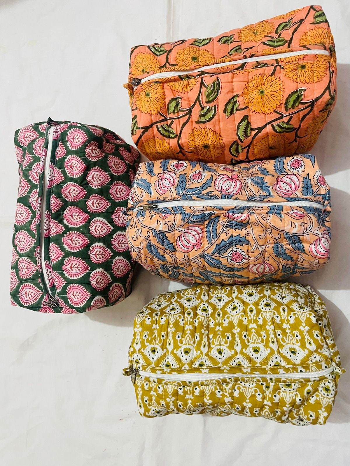 Tulip Rain ~ Quilted Toiletries and Makeup Bag in Cotton (Set of 3in) by Saffron Marigold