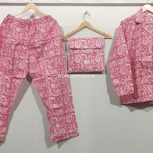 Floral Print Pjs Sets Boho Cotton Long Block printed Pajama SET, Unique gifts Matching Pyjama Set Women&#39;s Bride Pajamas Bridal Party Pajamas