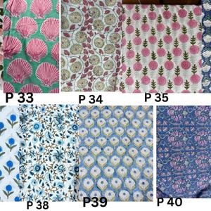 May include: A collection of ten fabric swatches labeled P 32 through P 41, featuring various block-printed patterns including pink flowers, green seashells, floral motifs, pink pineapples, blue tulips, blue flowers, and botanical designs.