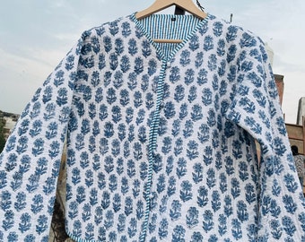 Block Printed Cotton Quilted Jacket: Boho Handmade Women's Coat