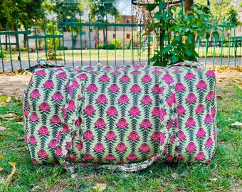 Large Cotton Quilted Travel Duffle bags Rose Printed Overnights Bags Handmade Cotton Duffel bag Weekender Bags For Women Holiday Gift