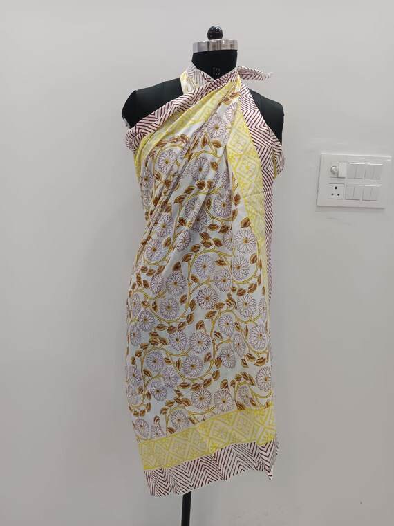 Hand Block Print Cotton Sarong | White Floral Beach Cover-up, Yellow Border