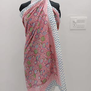 Hand Block Print Cotton Sarong | White Floral Beach Cover-up, Yellow Border pattern 3