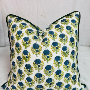Block Printed Pillow Covers with Piping Cushion Covers, Piping Trim Throw Pillows, Bohemian Floral Contrasting Welt Cotton Cushions