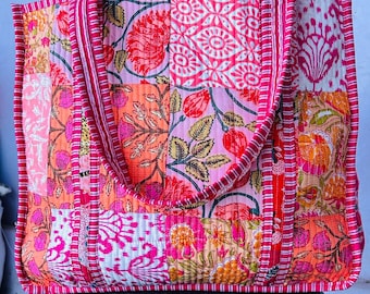 Indian Floral Print Quilted Tote bag Handmade Reversible Multi Patch Tote bags Holiday Gifts Large Cotton Printed Shopper Bags For Women