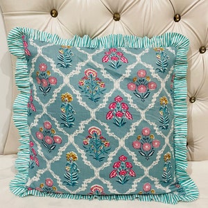 Hand Block Floral Print Cotton Throw Pillow: Ruffled Sofa Cushion Bed Décor