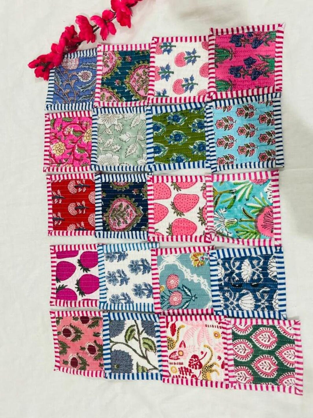 Multicolor - Floral Print Cotton Quilted Coasters (Set of 2) 10