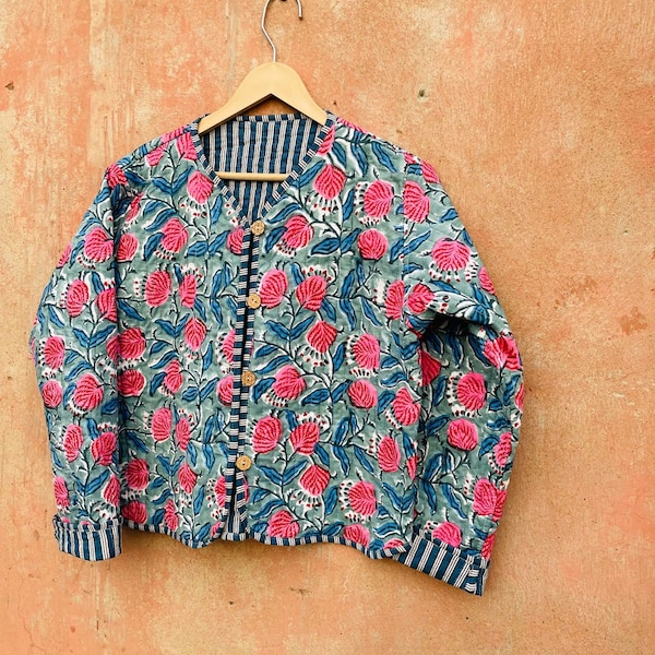 Women's Quilted Jackets Bohemian cotton Blockprint quilt jacket vintage floral short jacket / coat Handmade unique gifts all season jacket